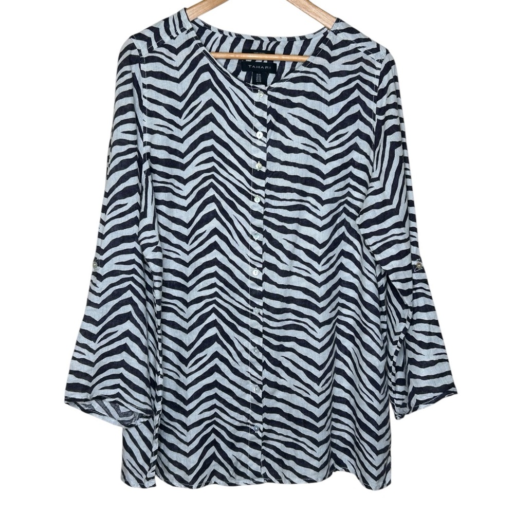 🩷 Tahari Women 100% Linen Sz 1X Zebra Long Roll Tap Sleeve Button Down Lagenlook
